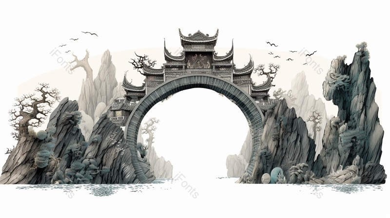 假山拱门中国风古建筑水墨场景插画,插画/手绘图,插画/手绘图库,插画/手绘图下载,插画/手绘